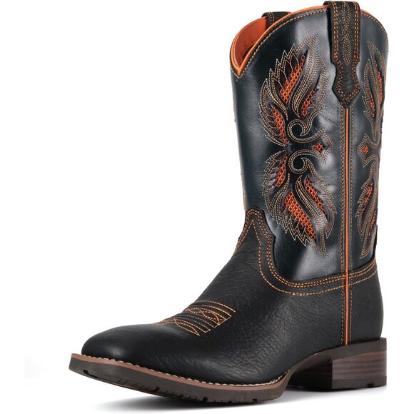 Men’s Black Square Toe Leather Boots Durable 10-inch Pull-on Wellington Boots